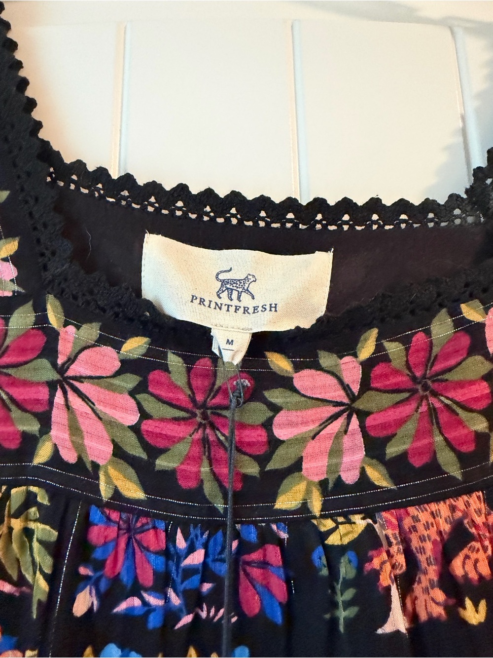 Printfresh Black Midi Dress with Pink, Blue & Green Floral Patchwork - Picture 3 of 4